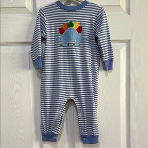 Boys Blue Striped Dinosaur Knit Romper